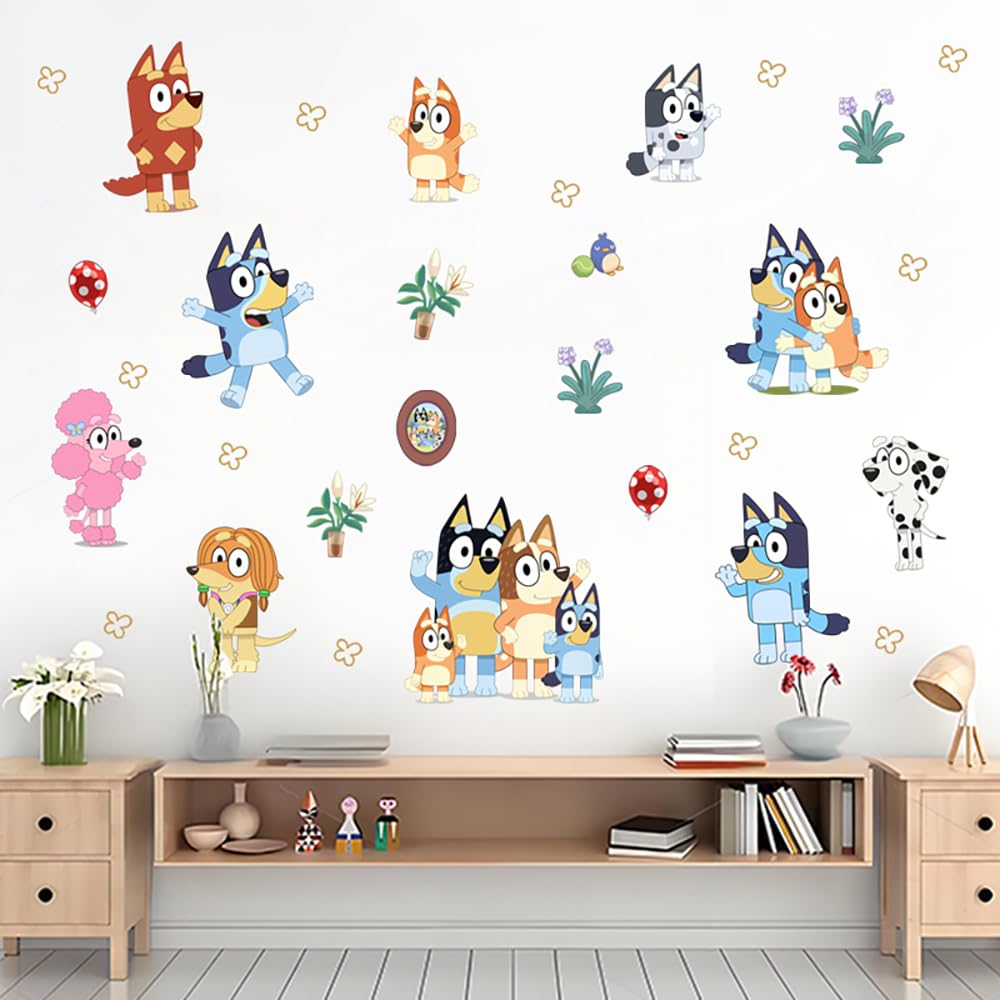 DERUN TRADING Calcomanías de pared para Bluey Peel and Stick Lindos adhesivos de caniche para bebés Niños Guardería Niñas Dormitorio Sala de estar Decoración Mural de pared