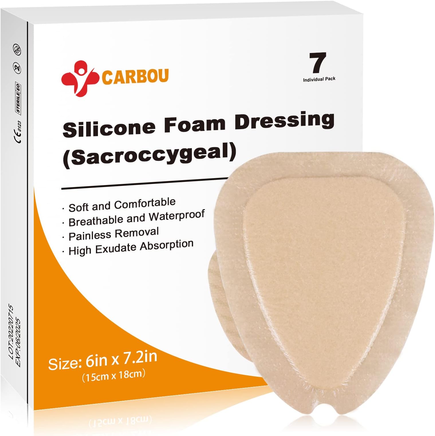 Carbou Wound Dressing Sacrum Silicone Foam Dressing, 6''x7''(15cm x18cm) Bordered Silicone Adhesive Sacral Foam Dressing for Bed Sore,Box of 7 dressings
