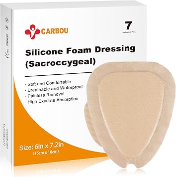 Carbou Wound Dressing Sacrum Silicone Foam Dressing, 6x715cm x18cm Bordered Silicone Adhesive Sacral Foam Dressing for Bed Sore,Box of 7 dressings