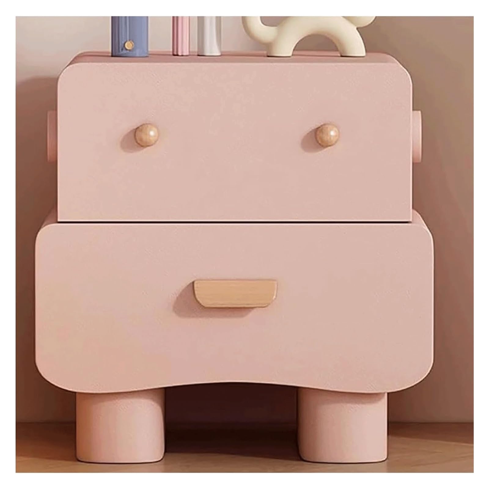SXZenSpace Solid Wood Nightstand Creative Swivel Bedside Table with 2 Wooden Drawers Modern Dress Cute Side Luxury Cabinet(Pink,35cm)