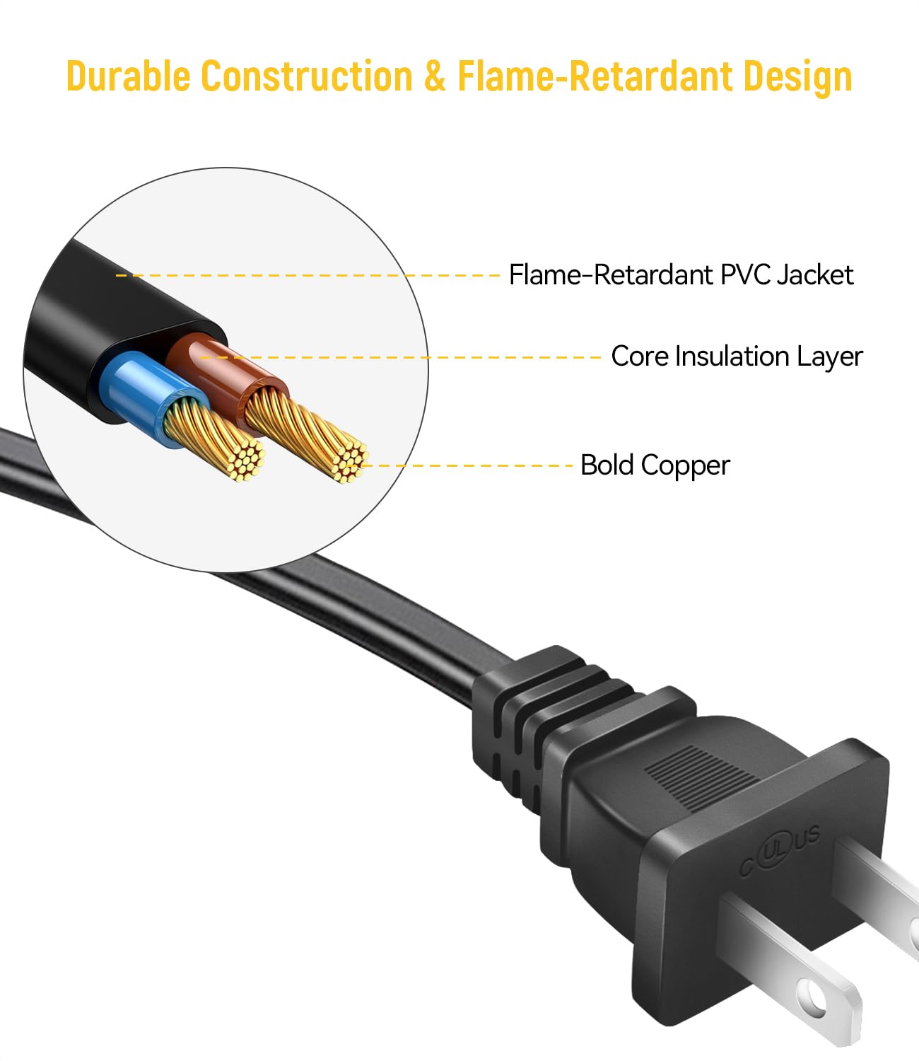 Cable de alimentación de CA universal de 2 puntas a cable de repuesto de 2 ranuras de 6 pies