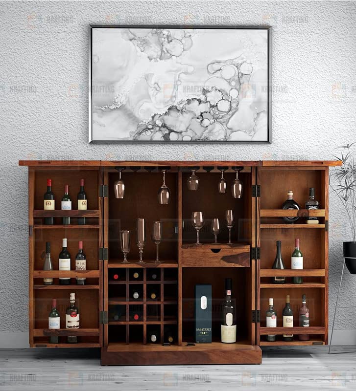 Image of Solid Sheesham Wood Foldable Bar Cabinet for Home | Wooden Wine & Liquor Storage Cabinet with Bottle Shelves, Built-in Wine Glass Holder & Drawer | Bar Unit for Living Room & Dining Room |Honey Finish
