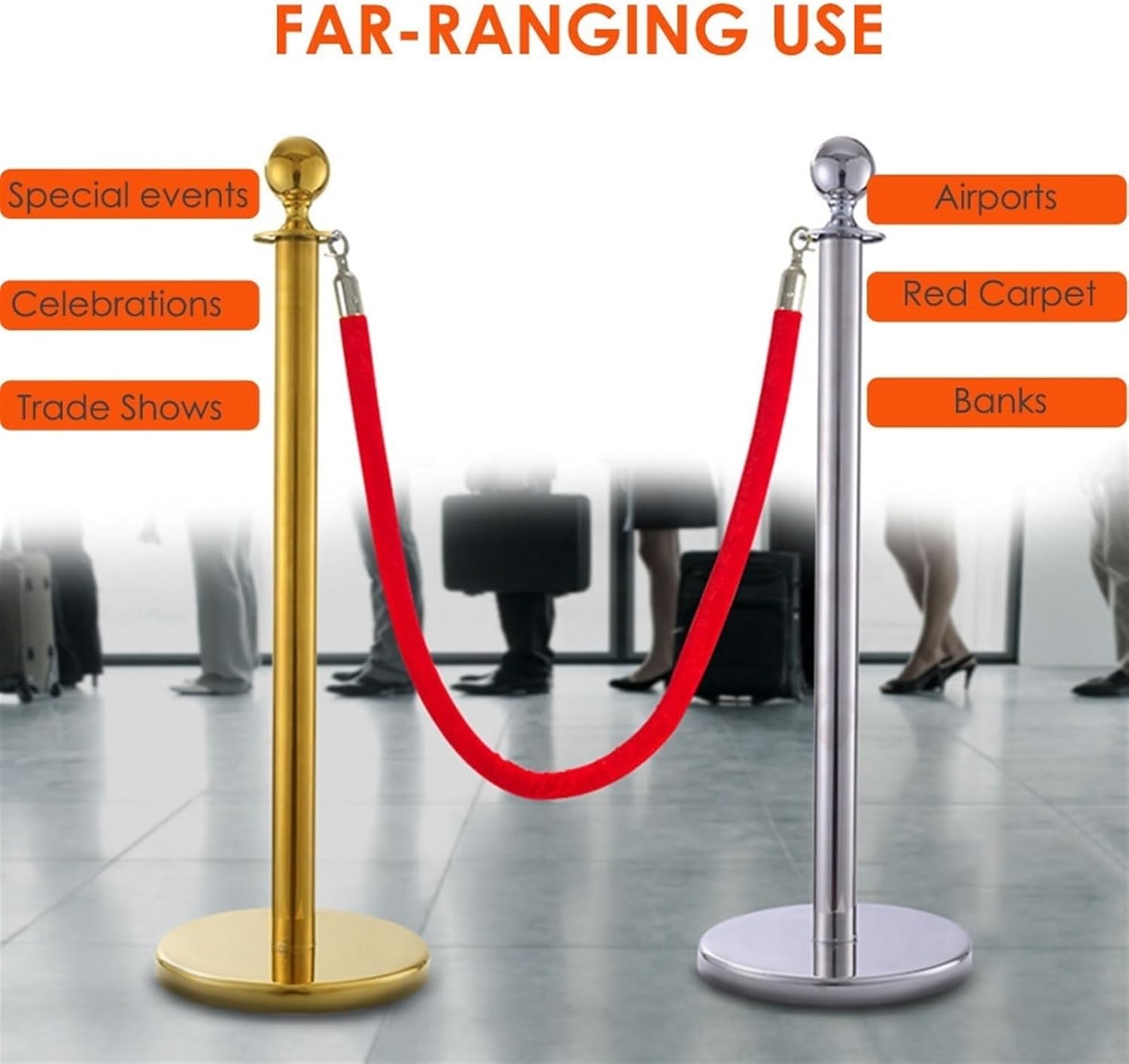 2 Pack Red Velvet Rope Stanchions - Safety Barrier for Weddings, Concerts, Car Shows & Grand Openings - 4.5m (14.8ft) Hanging Ropes for Crowd Control