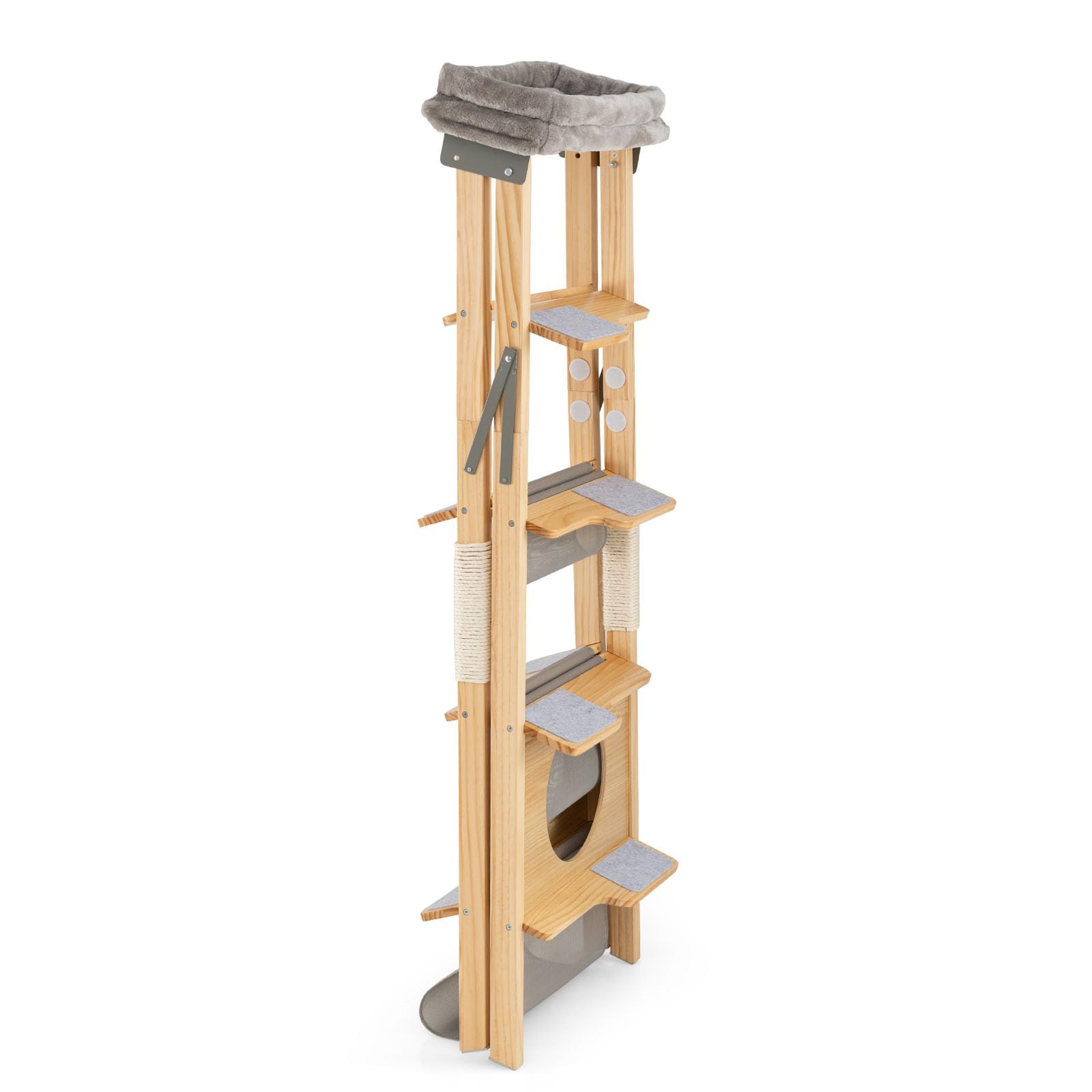 COSTWAY Árbol para Gatos de Madera Maciza, 151 cm, Rascador Gato Plegable con Escalera, Torre Alta para Gatitos de 5 Niveles con Cama, Perchero Tapizado y Poste Rascador de Sisal, Natural y Gris