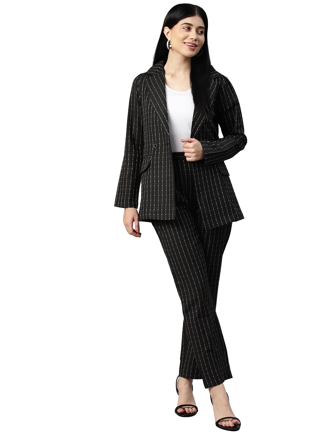 Women Self Designed Striped Long Black Coat and Trousers Co-ord Set