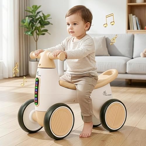 R for Rabbit Speedster Glider Push Ride on Car for Kids Baby Balance Bike with Music and LED Lights Scratch-Free Wheels Toy Storage Space for 1-4 Years Boys Girls, Weight Capacity Up to 20Kgs (Beige)