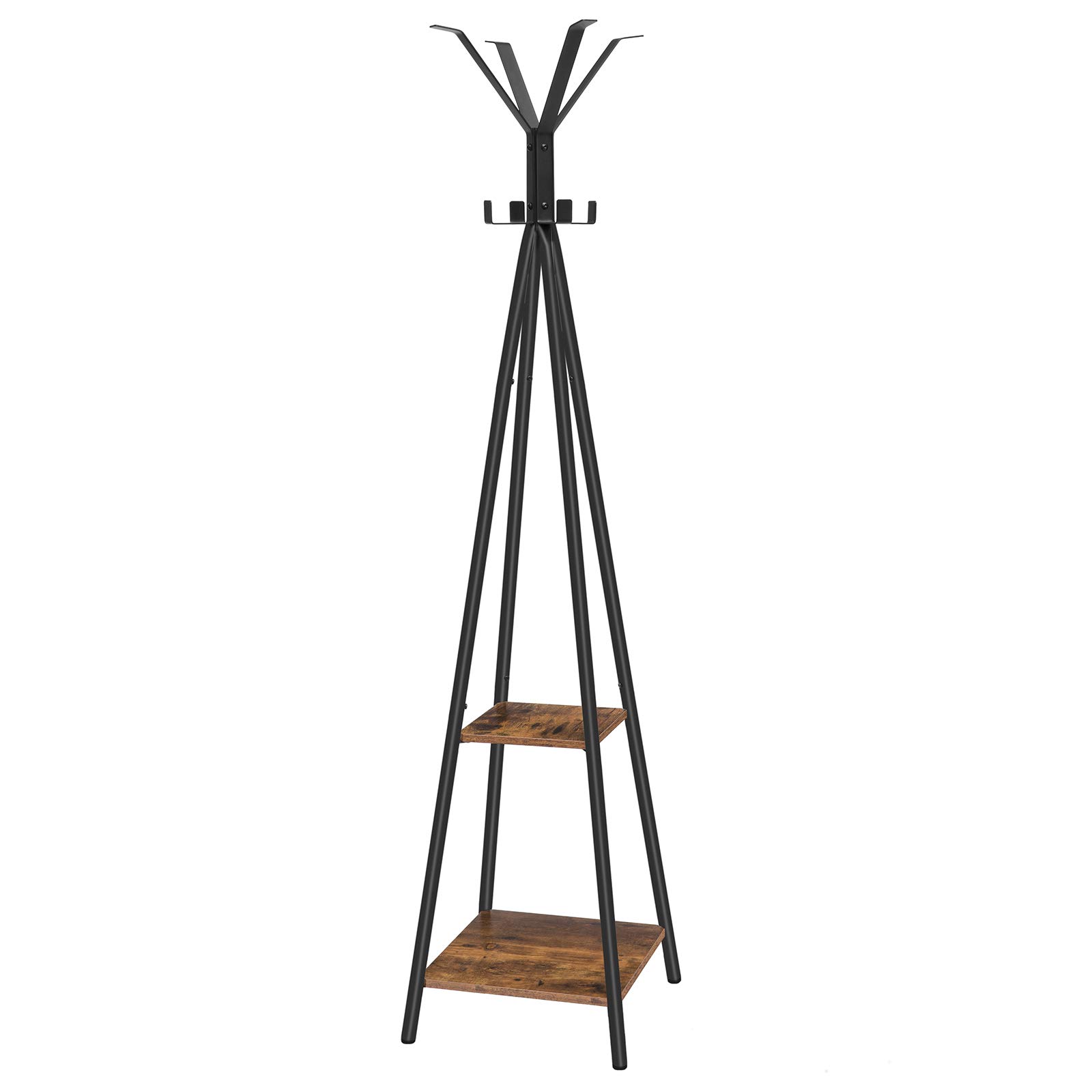 HOOBRO Perchero de Pie, Perchero para Abrigos, con 8 Ganchos y 2 Estantes, Perchero de Entrada, para Sombreros, Bolsos, Ropa, Estilo Industrial, Estructura de Acero, Marrón Rústico EBF84YM01