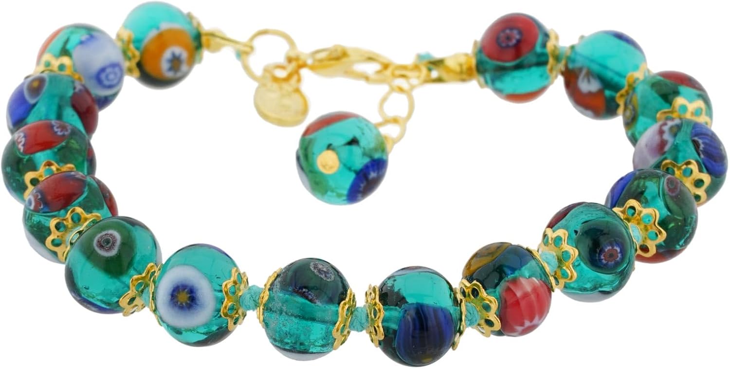 Glass Of Venice Murano Glass Bracelet Italian Millefiori - Transparent Green Mosaic Beads Handmade Blown Glass - Murano Glass Bracelets for Women