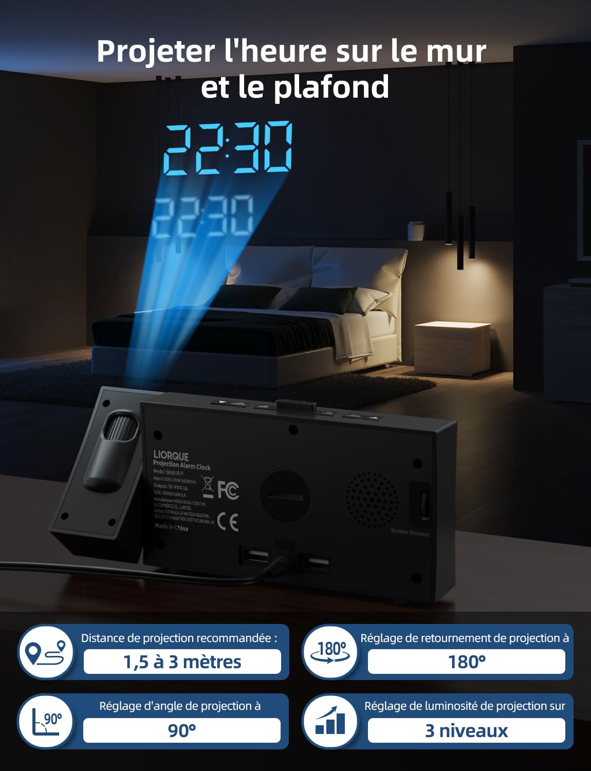 LIORQUE Radio Reveil Projection Plafond, Reveil Projecteur Plafond avec Double Alarme, Radio Réveil avec Grand Écran, Snooze, Réglage de Luminosité Infini, 2 Ports de Chargement USB, G0181R-P