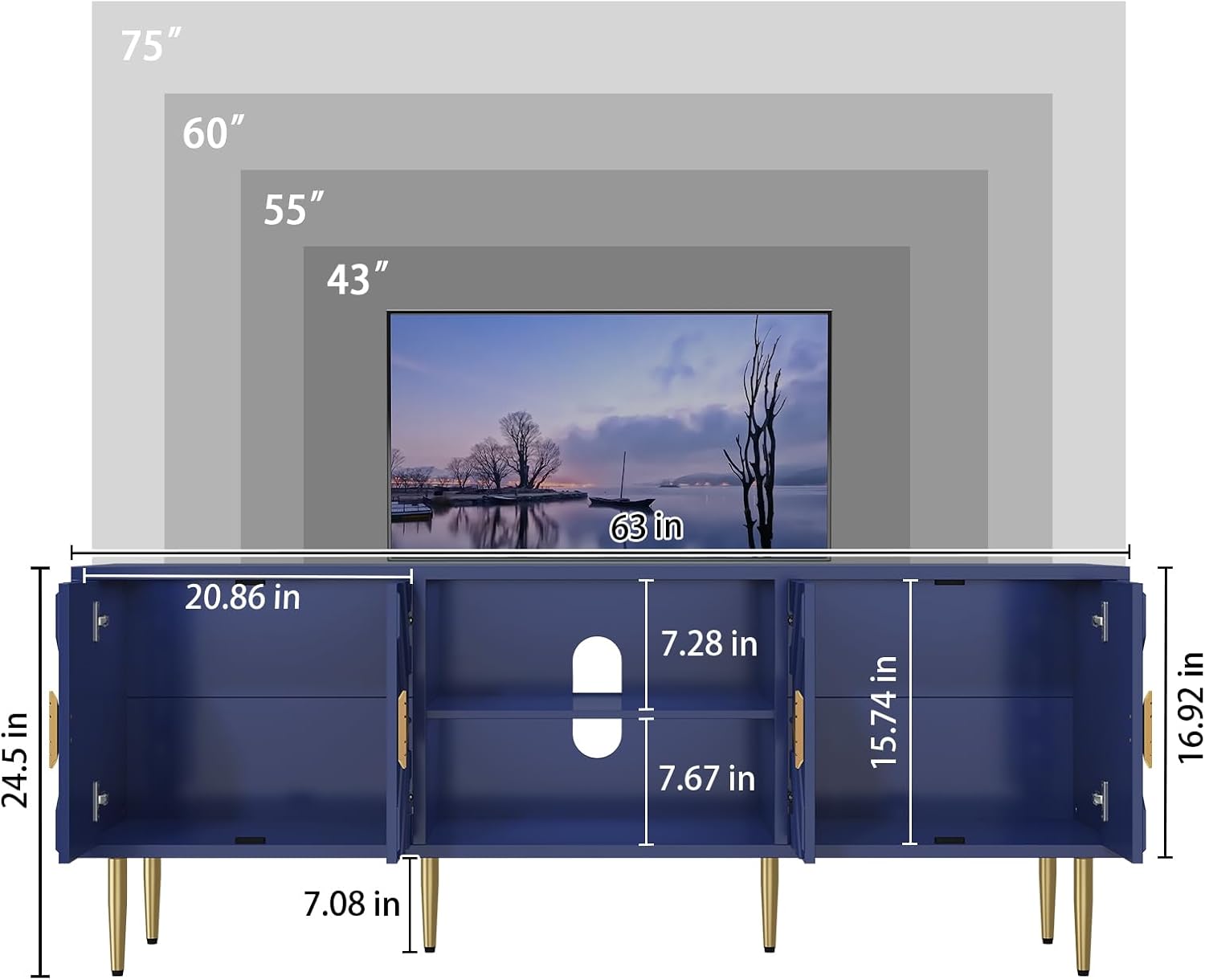 HLR 63''Modern TV Stand for 65/70/75 inch TV, Entertainment Center with Storage Cabinet, Mid Century Blue TV Stand,Embossed Pattern TV Console, TV Media Console for Living Room, Bedroom