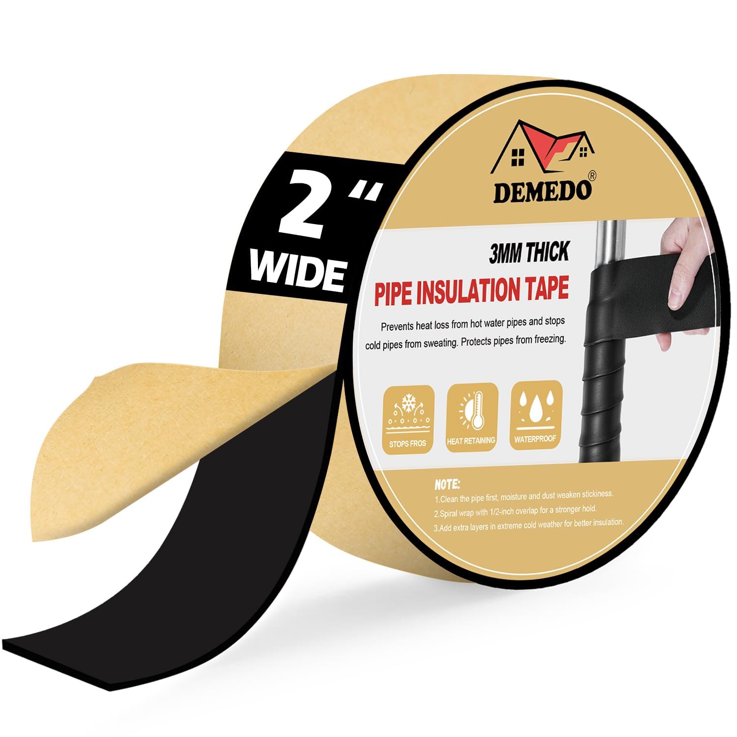 DEMEDO Pipe Insulation Tape, Pipe Wrap Insulation Foam Tape Self Adhesive, Outdoor Water Pipe Insulation Roll for HVAC, AC Line Insulation, 2 inch x 16.5 FT Heat Tape for Water Pipe, Black