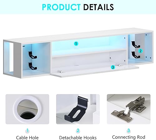 Miniatura 7 de SogesHome Soporte de TV flotante de 55 pulgadas con luces LED, centro de entretenimiento montado en la pared con 3 estantes de almacenamiento,