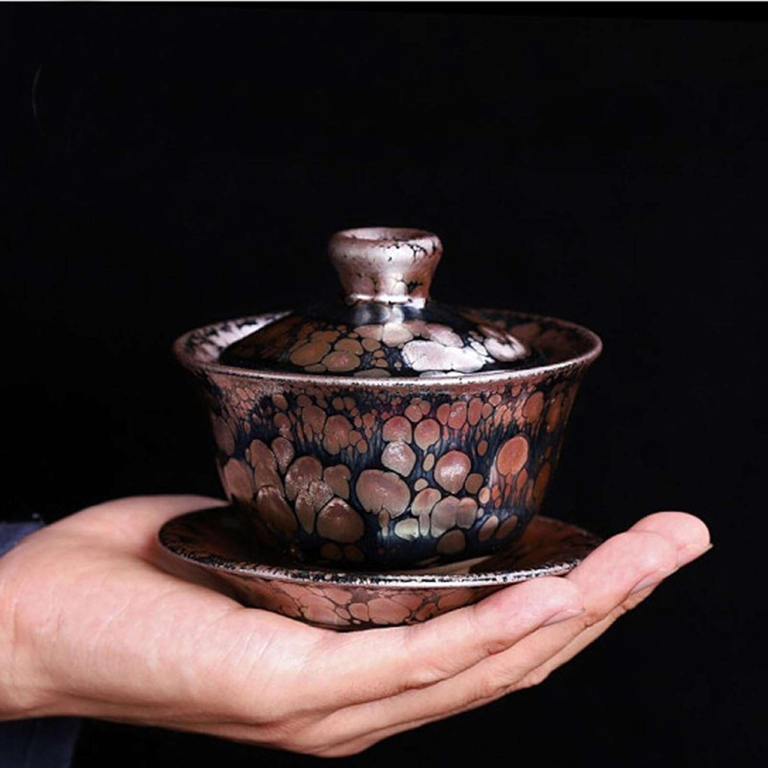 Gaiwan Teacups with Lid and Saucer 5.75 oz, Tenmoku Glaze Tea Set, Chinese Traditional Jianzhan Tea Cup 1300℃ High Temperature Kiln Fired