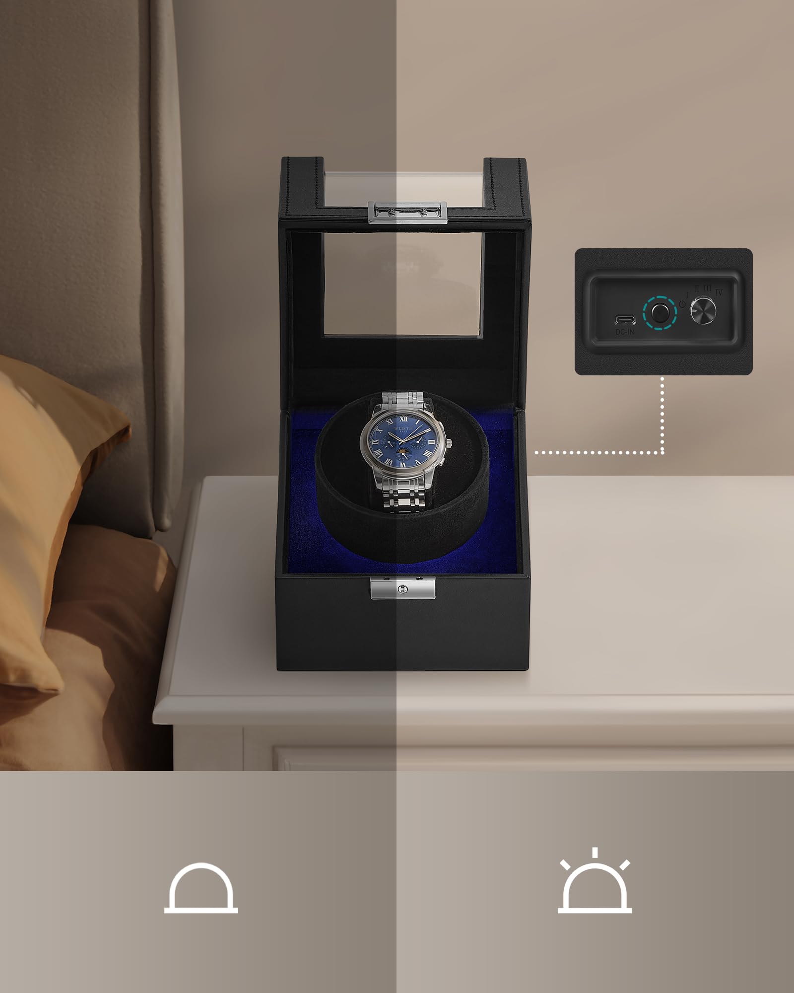 SONGMICS Zegarek, pudełko na zegarki, silnik premium, ze światłem LED, regulowana poduszka na zegarek, zamek, 4 tryby rotacji, kabel do ładowania USB C