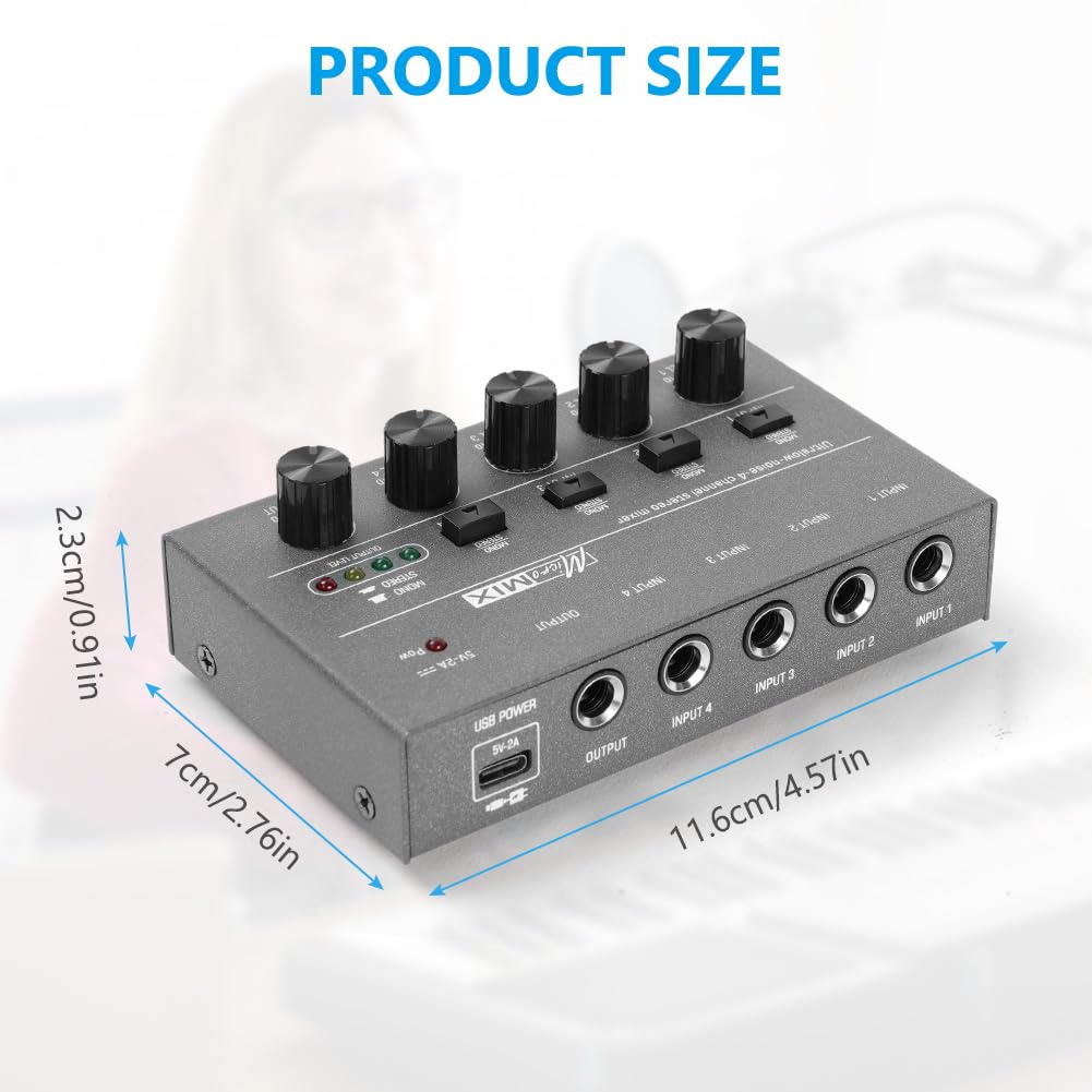OFFCUP 4-K-Audio-Mixer, ultrakompakter, geräuscharmer Metall-Karaoke-Sound-Mixer mit separater Lautstärkeregelung für Gitarre, Bass, Keyboard, Mikrofon (Grau)