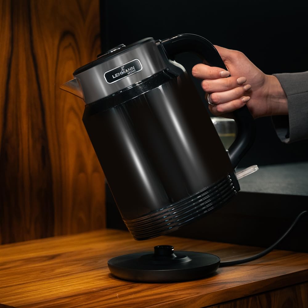LEHMANN Elektrischer Wasserkocher Edelstahl 2L, 2200W, Schnelles Aufheizen, Doppelwand Design, Abschaltautomatik und Überhitzungsschutz, BPA-frei, Ideal für Großfamilien oder Büros, Schwarz