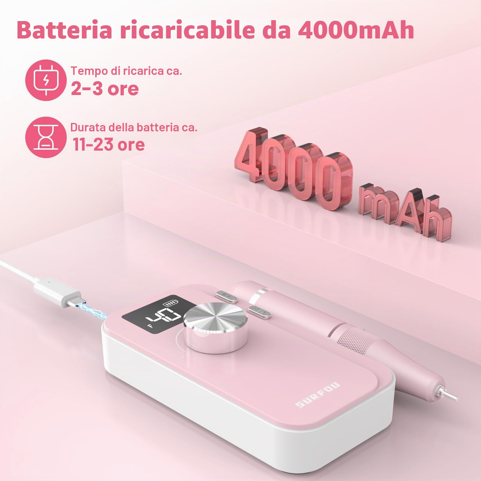 SURFOU Fresa per Unghie 40000 Giri/min, Lima Elettrica Senza Fili Ricaricabile 4000mAh, Velocità Regolabile, Silenziosa e a Basse Vibrazioni, Display LCD, per Gel, Acrilico e Naturali