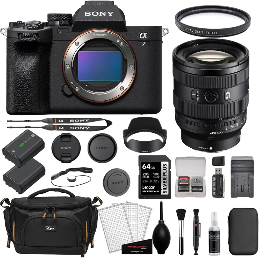 Alpha a7 IV Mirrorless Camera Body Bundled with FE 20-70mm f/4 G Lens + 64GB SD Card + Filter + Battery + Charger + Cap Keeper + Case + Cleaning Kit + SD Case + SD Reader + Cloth (13 Items)