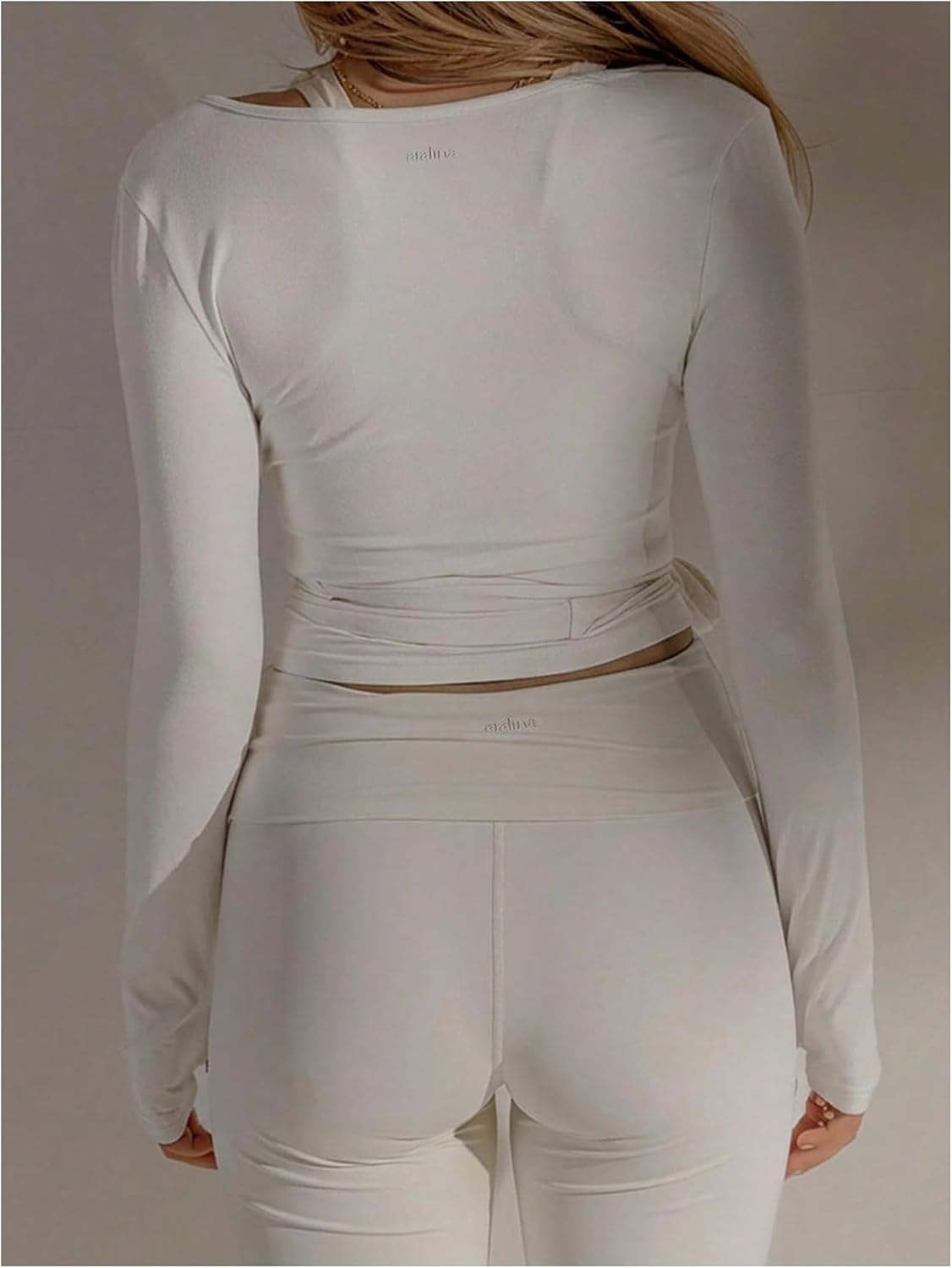 OYOANGLE Women's Long Sleeve Pilates Wrap Tops Tie Front V Neck Ballet Crop Shirts Workout Gym Yoga Dance Top