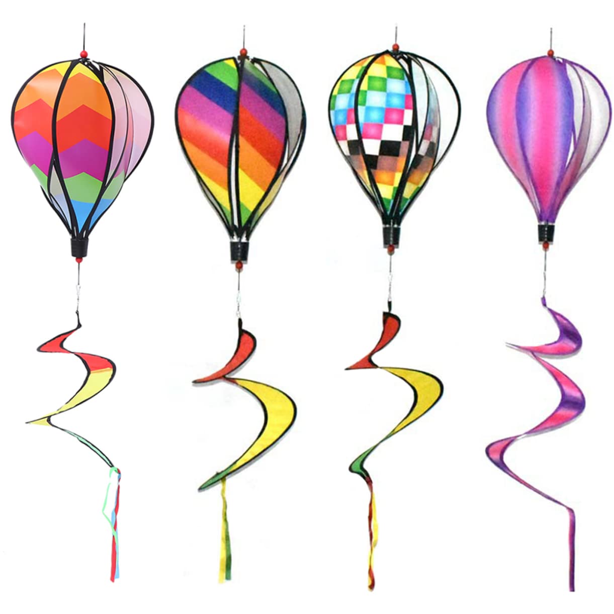4pcs Hot Air Balloon Wind Spinners - Striped, Wavy, Checkered, Purple Rainbow Hanging Decor for Garden and Yard, 47.24 Inch, Assorted Colors