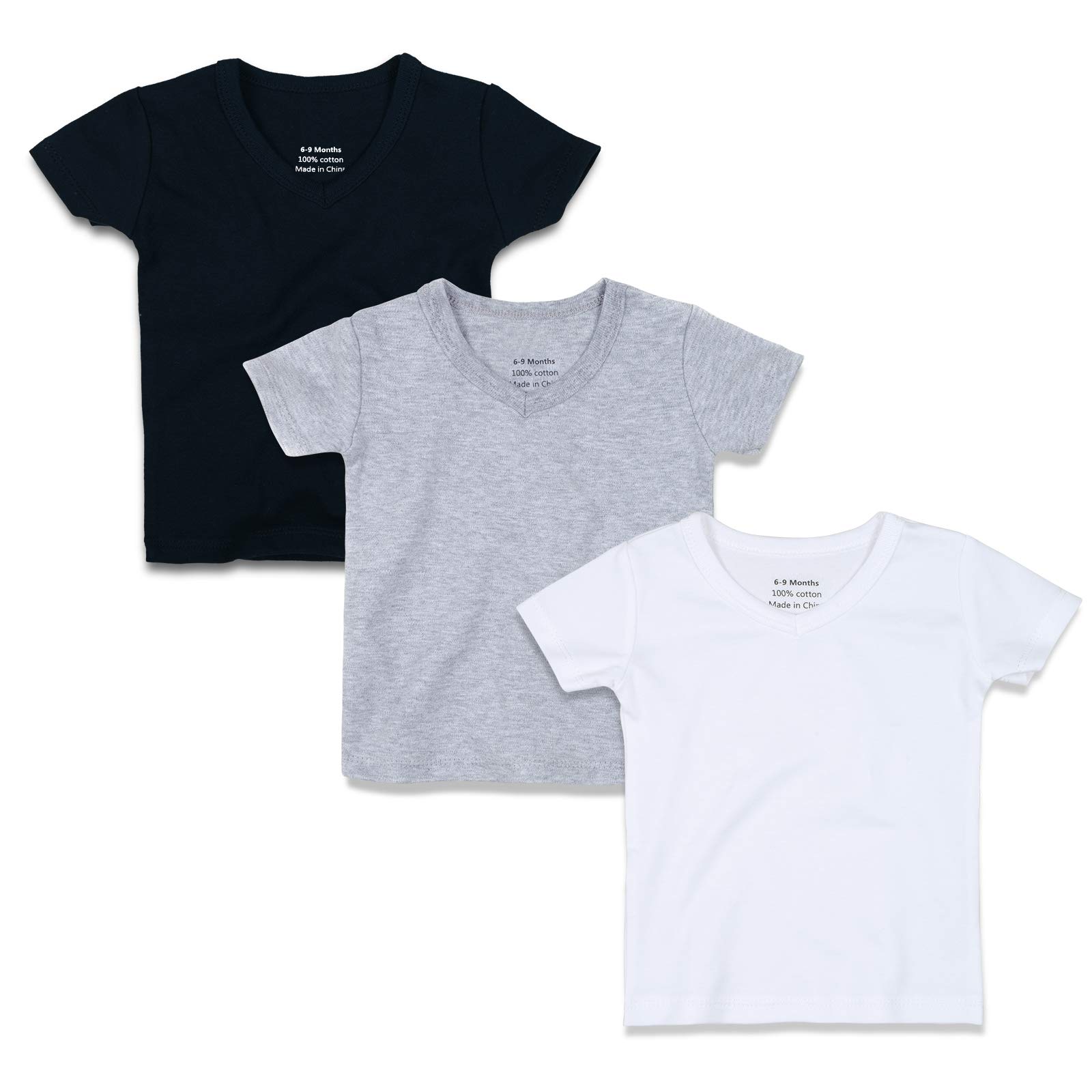 OPAWO Unisex Baby V Neck T-Shirts Infant Short/Long Sleeve Tees Toddler Solid Color Shirts 3 Pack for Boys Girls 6-24 Months