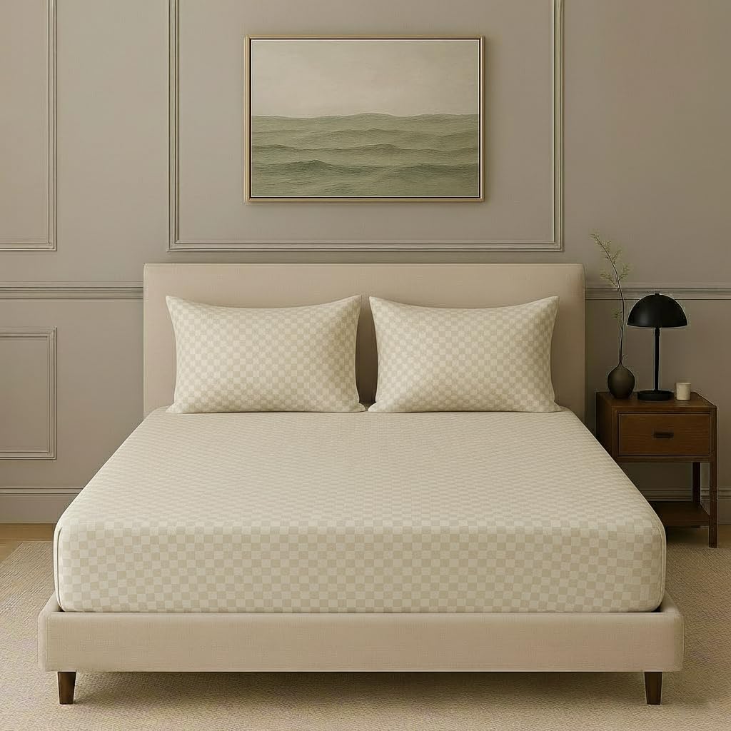 Trance Home Linen 300TC Premium Fitted Bedsheet for Queen Size Bed with 2 Pillow Solid Cover – Skin Friendly 100% Cotton Jacquard Weave (78 x 60 Inches | Pearl)