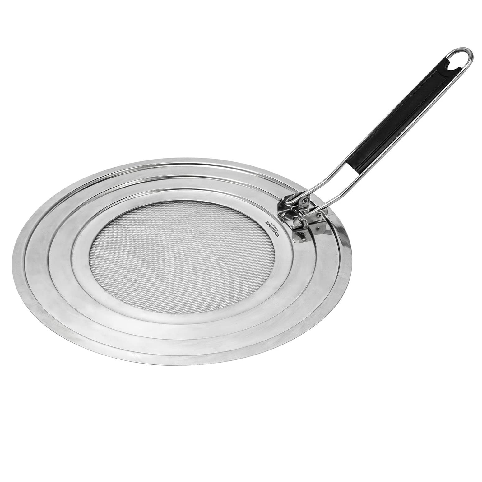 Westmark Coperchio Paraspruzzi, Per Pentole e Padelle con Diametro di 20, 24 e 28 cm, Manico con Isolamento Termico, Acciaio Inox, Exclusiv, Argento/Nero, 12192270