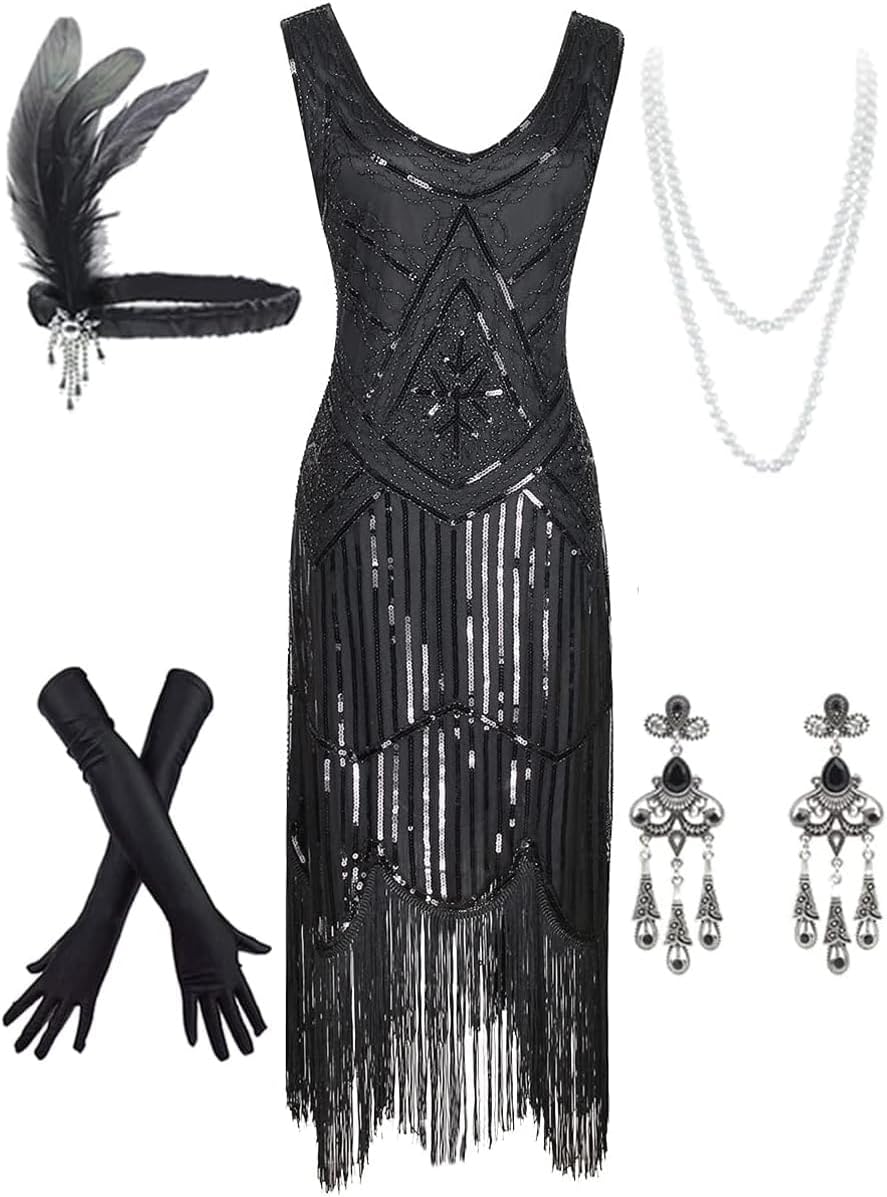 Women's Vintage 1920s Sequin Beaded Tassels Hem Flapper Dress w/Accessories Set