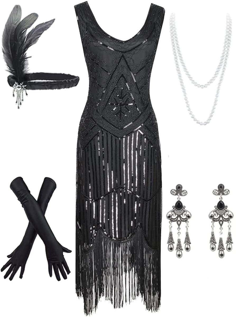 Women's Vintage 1920s Sequin Beaded Tassels Hem Flapper Dress w/Accessories Set