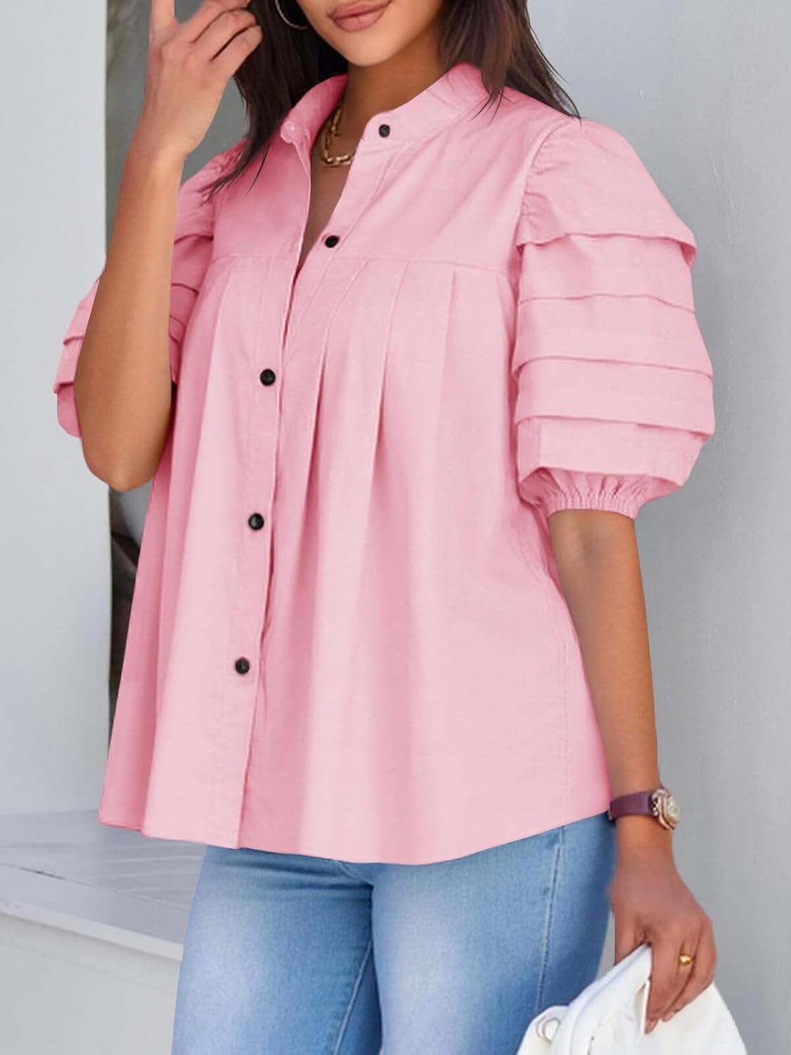 Tankaneo Womens Puff Short Sleeve Button Down Shirts Cotton Pleated Babydoll Blouses Trendy Casual Loose Fit Tops - Image 2