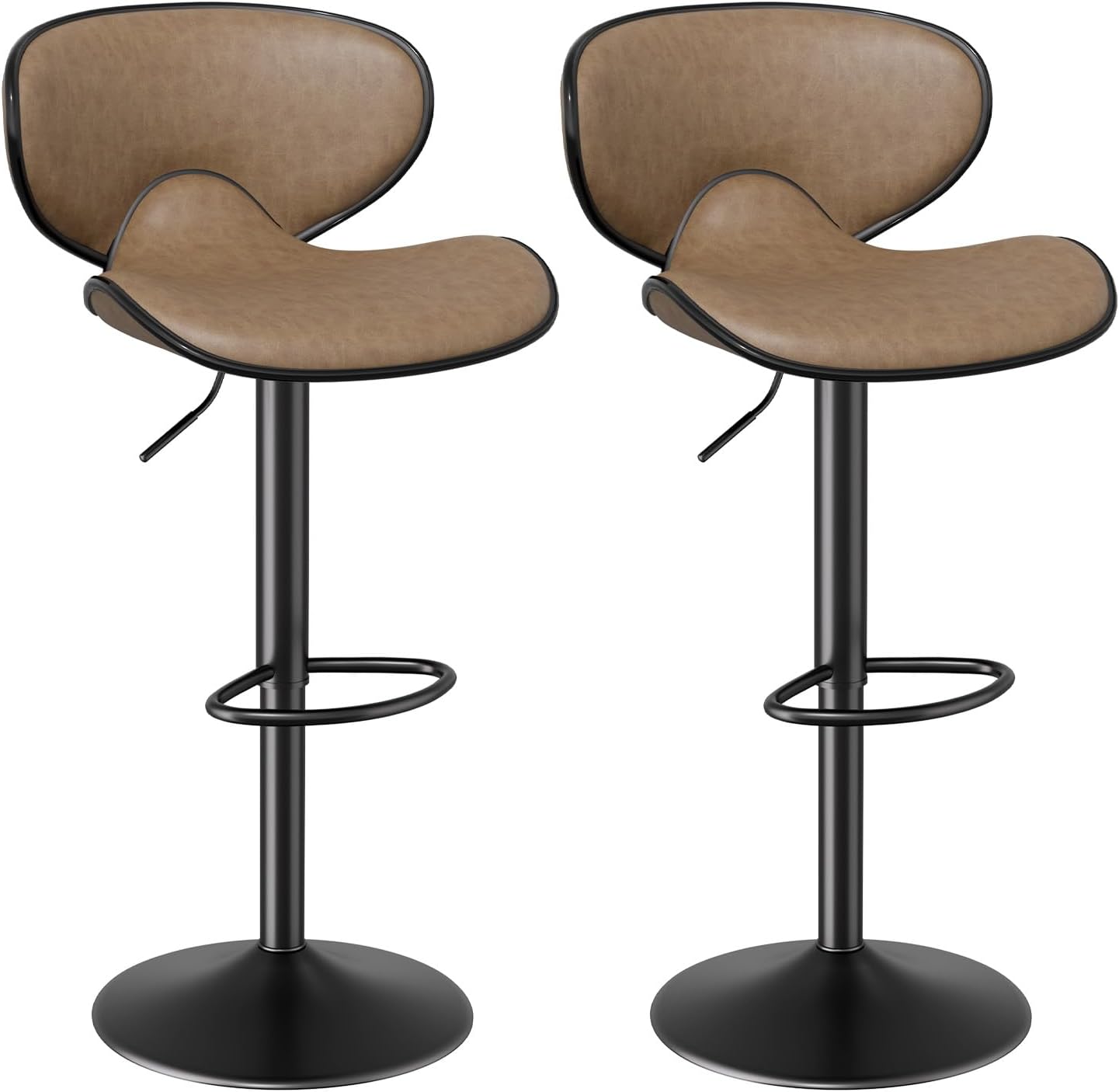 Bar Stools Set of 2, 360° Swivel Counter Height Barstools Adjustable Height, Leather Upholstered Bar Chair with Backrest and Footrest for Bar, Kitchen, Dining Room Brown