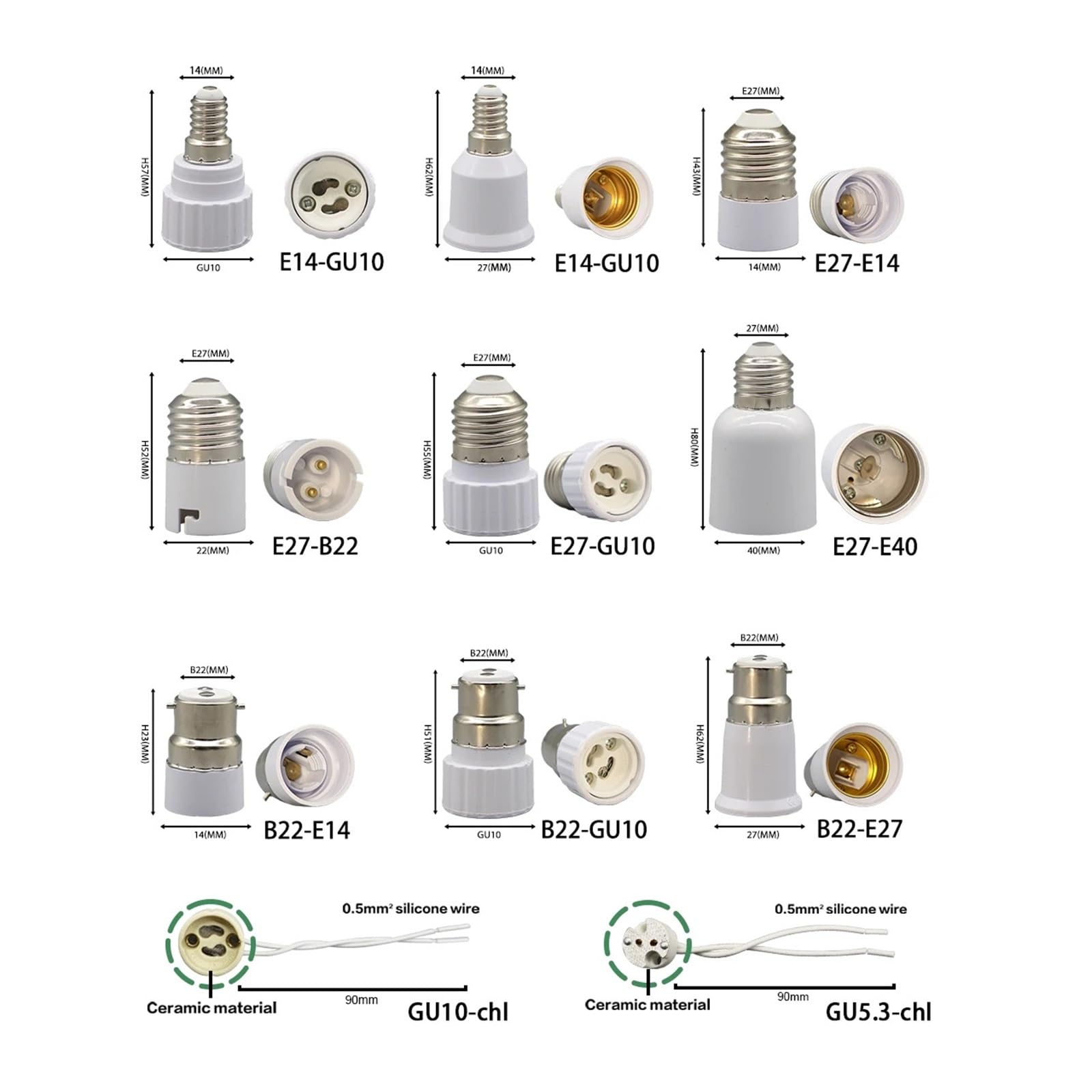 Generico 10-50PCS B22 E27 E14 GU10 E40 Lampadina Portalampada Convertitore del supporto Base Adattatore di conversione della luce ignifuga Accessori for l'illuminazione(40pcs,E27 to E40)