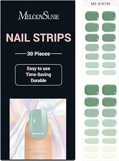 MelodySusie 30PCS Semi Cured Gel Nail Strips (Green Harmony), Works with Lamp, Salon Quality, Long Lasting, Easy to Apply and Remove, Includes 2 Prep Pads, Nail File & Wooden Stick