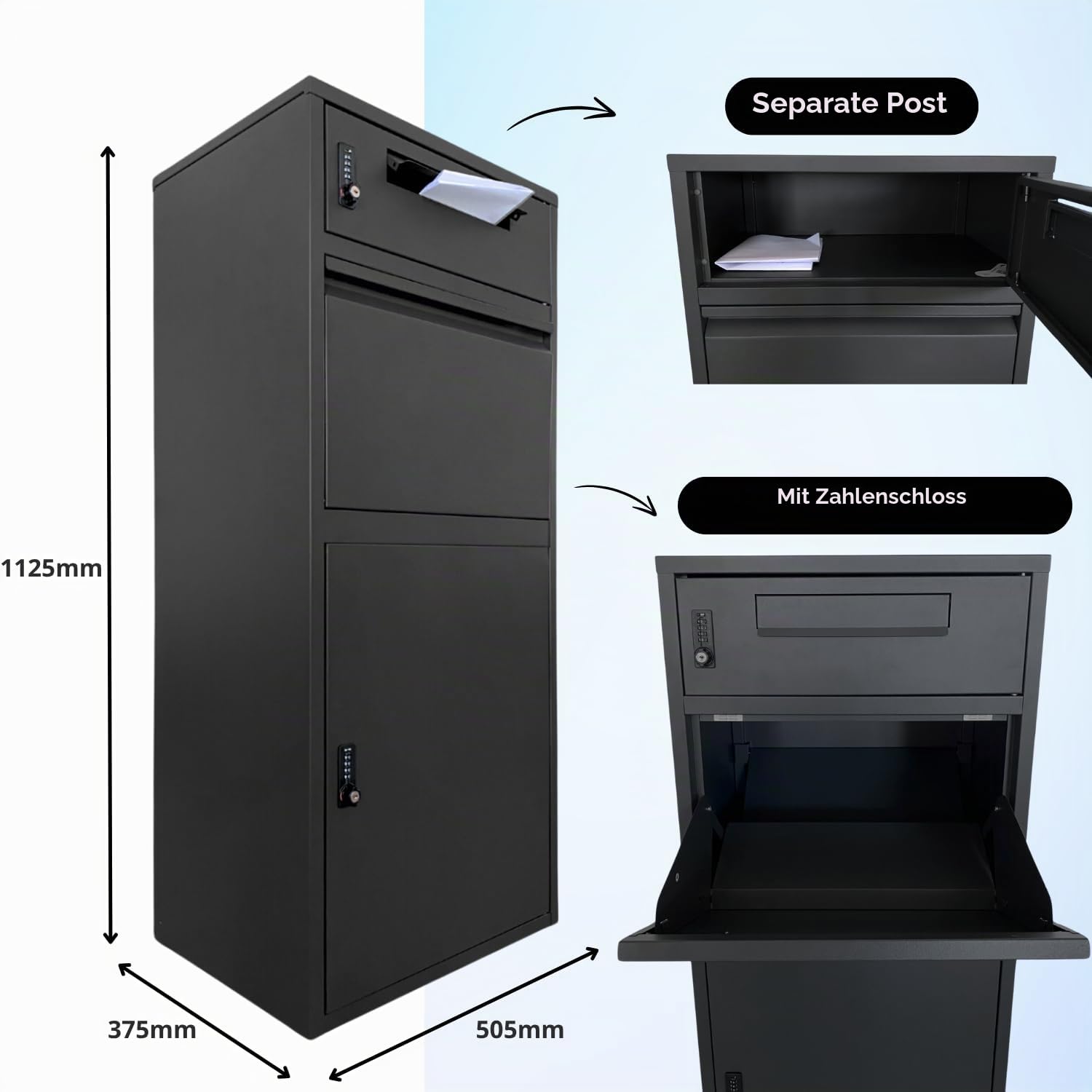 ParcelXL - Paketbriefkasten - Separater Postfach - Freistehende Paketbox - Schwarz