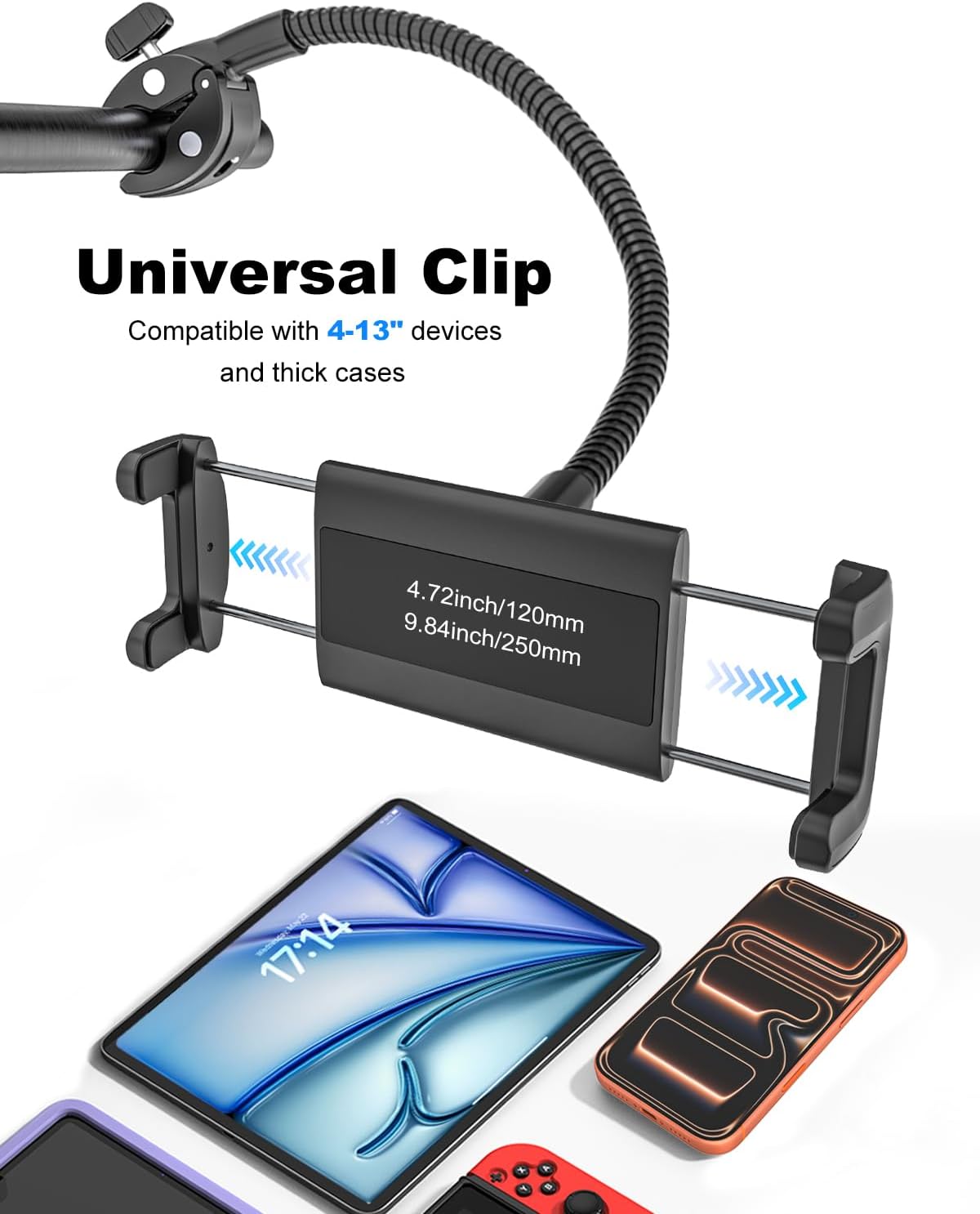 Walker Tablet Holder, Long Gooseneck Tablet Mount Clamp for Rollator Walker, Rolling Walker, Lightweight Walkers, Walkers for Seniors, Fit for iPad Pro Air Mini, iPhone, 4-13" Devices