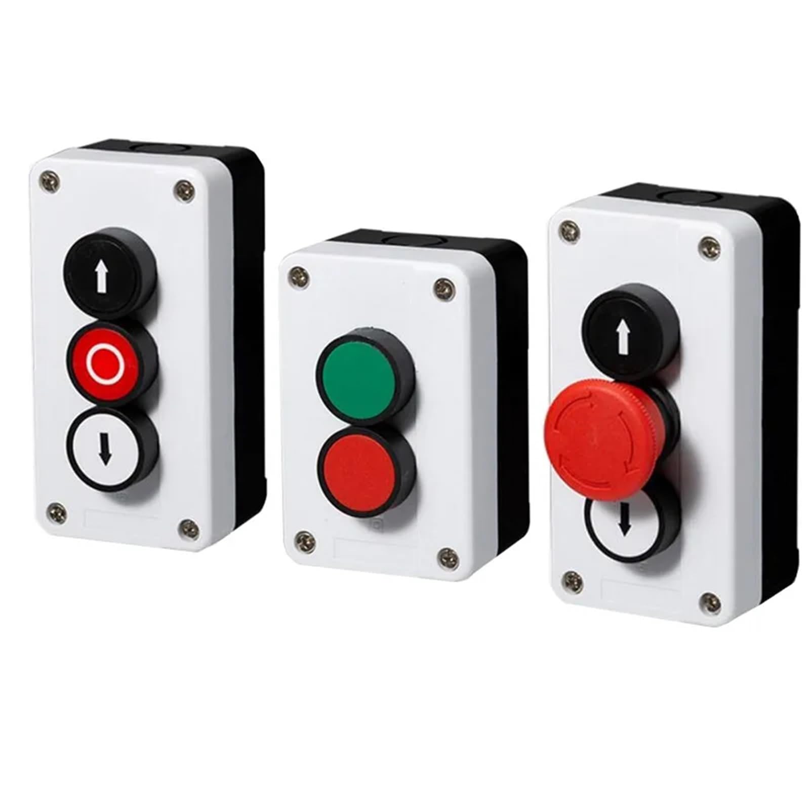 3pcs symbole de flèche indiquant le démarrage et l'arrêt interrupteur à bouton étanche à récupération automatique arrêt d'urgence boîtier de commande portable industriel(Silver)