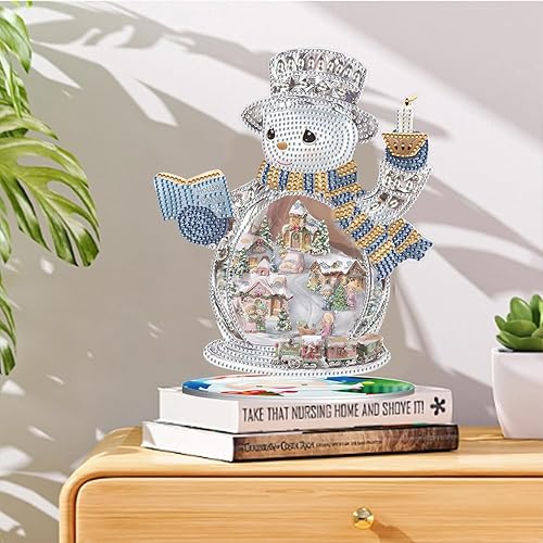 Miniatura 9 de Orgone Kit de adornos de escritorio de pintura de diamante de muñeco de nieve 5D con forma especial, diamantes de imitación de madera, adorno de