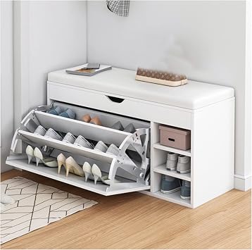 Shoe Rack,Shoe Storage Bench with Hidden Shoe Rack, Shoe Rack Bench PU Upholstered Shoe Cabinet, Modern Entry Shoe Organizer Furniture for Kids and Aldults, 60/80 * 34 * 50CM,White,80CM
