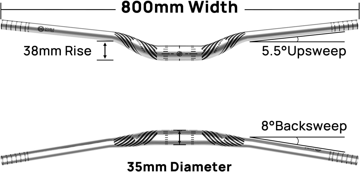 FIFTY-FIFTY Mountain Bike Riser Handlebar, Aluminum Alloy Bicycle Riser Handlebar, 35mm Diameter, 800mm Wide MTB Bar (Silver, 38mm Rise)