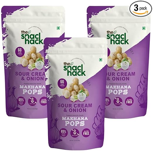 The Snack Hack Sour Cream & Onion Makhana Pops & Foxnuts: (Pack of 3x65 gm) | Gluten-Free | Super Food | Party Snack | Protein Rich | Healthy Makhana | Guilt-Free Snacking