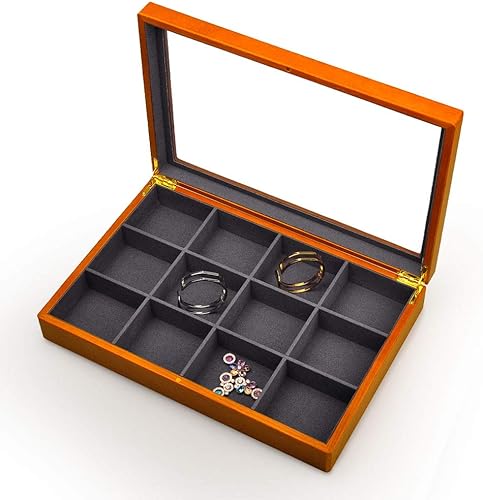 Miniatura 6 de Oirlv Joyero vintage de madera maciza de 12 rejillas, forro de microfibra, aretes, pulseras, collares, almacenamiento de joyas, cajón, bandeja