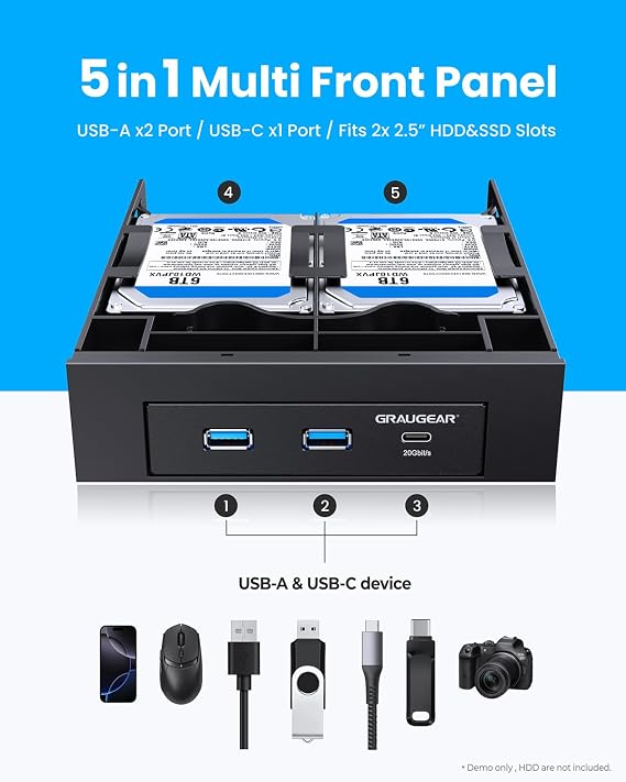 GRAUGEAR 5.25 Inch Internal USB Hub Front Panel USBC 20Gbps + 2X USBA 5Gbps, Dual 2.5 SSD/HDD Bays, Fits 5.25 Bay, USB 3.2 A-Key 20-Pin & USB3.0 19Pin Headers, PC Case Desktop Expansion