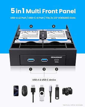 GRAUGEAR 5.25 Inch Internal USB Hub Front Panel USBC 20Gbps + 2X USBA 5Gbps, Dual 2.5 SSD/HDD Bays, Fits 5.25 Bay, USB 3.2 A-Key 20-Pin & USB3.0 19Pin Headers, PC Case Desktop Expansion