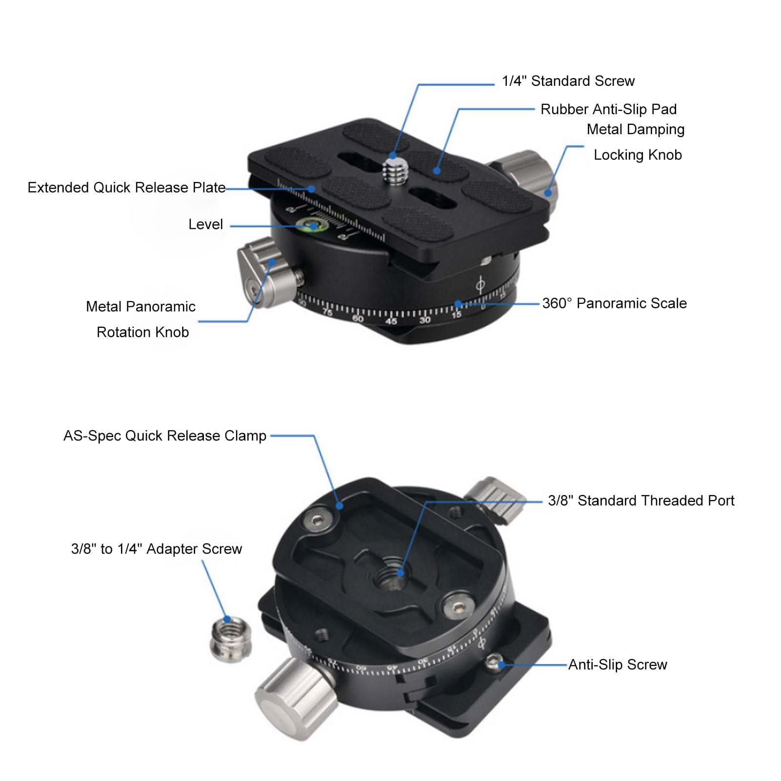Elprico Base per Treppiede con Morsetto Panoramico a 360° con Piastra a | Struttura in Alluminio da 60 Mm, capacità di Carico di 15 Kg, Livella a Bolla Incorporata, Scala in Gradi, Filettatura da