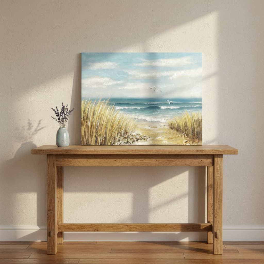 Condition photo showing New/Like New for arttitue canvas wall art beach picture: coastal scene prints decor bedroom bathroom ocean seascape waves painting modern seaside sea grass seagull artwork for home office kitchen beach path 24"l x 18"w