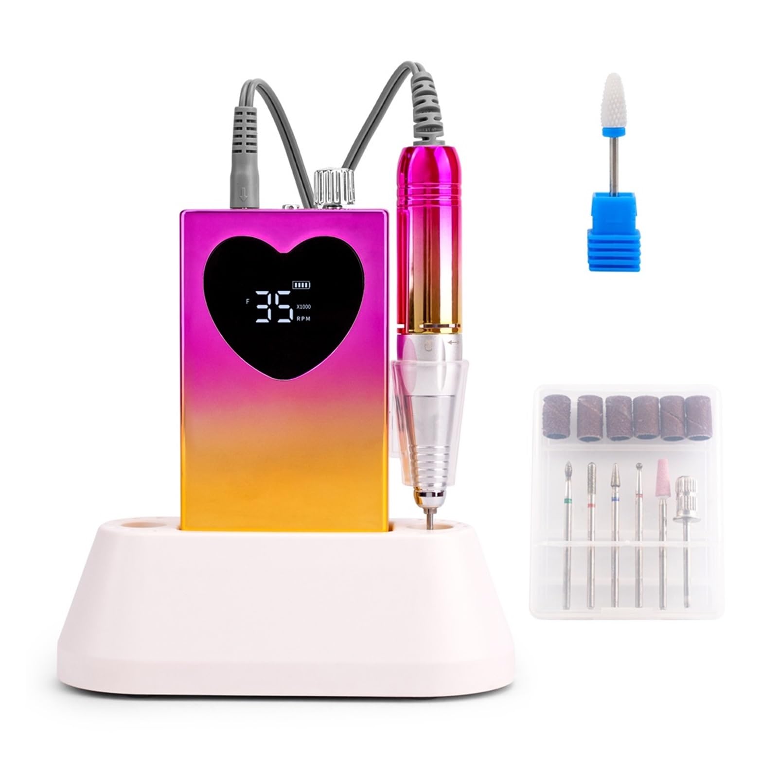 Trapano elettrico per unghie, Display irregolare 35000 RPM Trapano for unghie portatile con trapano a batteria senza fili base da tavolo File wireless impugnatura rosa