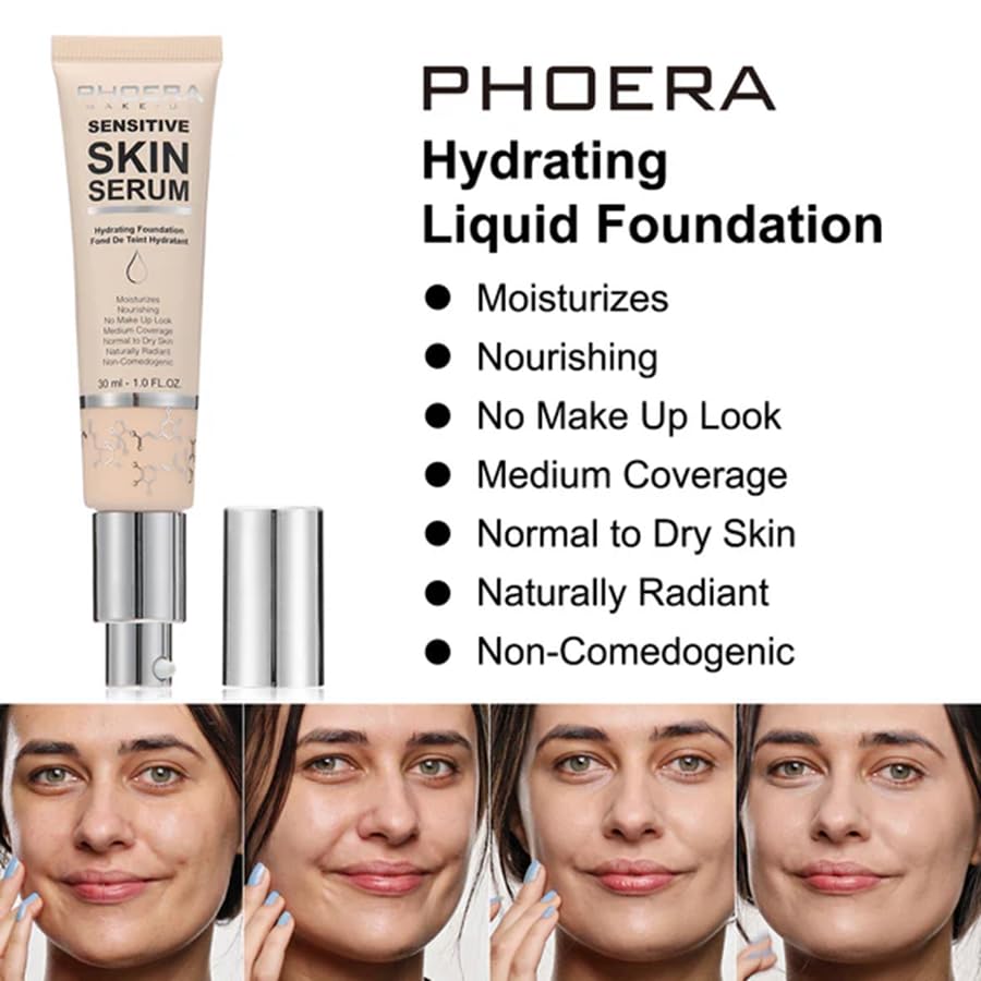 PHOERA Hydrating Serum Foundation, Hyaluronic Acid, Niacinamide, Tea Tree Oil & Vitamin E, Medium Coverage - Image 4