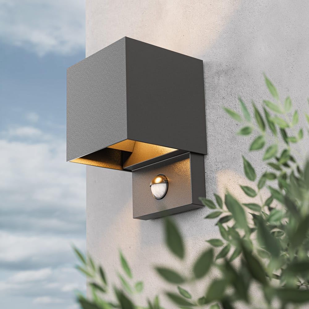 HOFTRONIC - Kansas LED Wandleuchte Außen mit Bewegungsmelder & Dämmerungsschalter – Up & Down Wandlampe, Einstellbarer Lichtstrahl, IP65, 7W 3000K Warmweiß, Außenleuchte für Haus, Terrasse & Garten