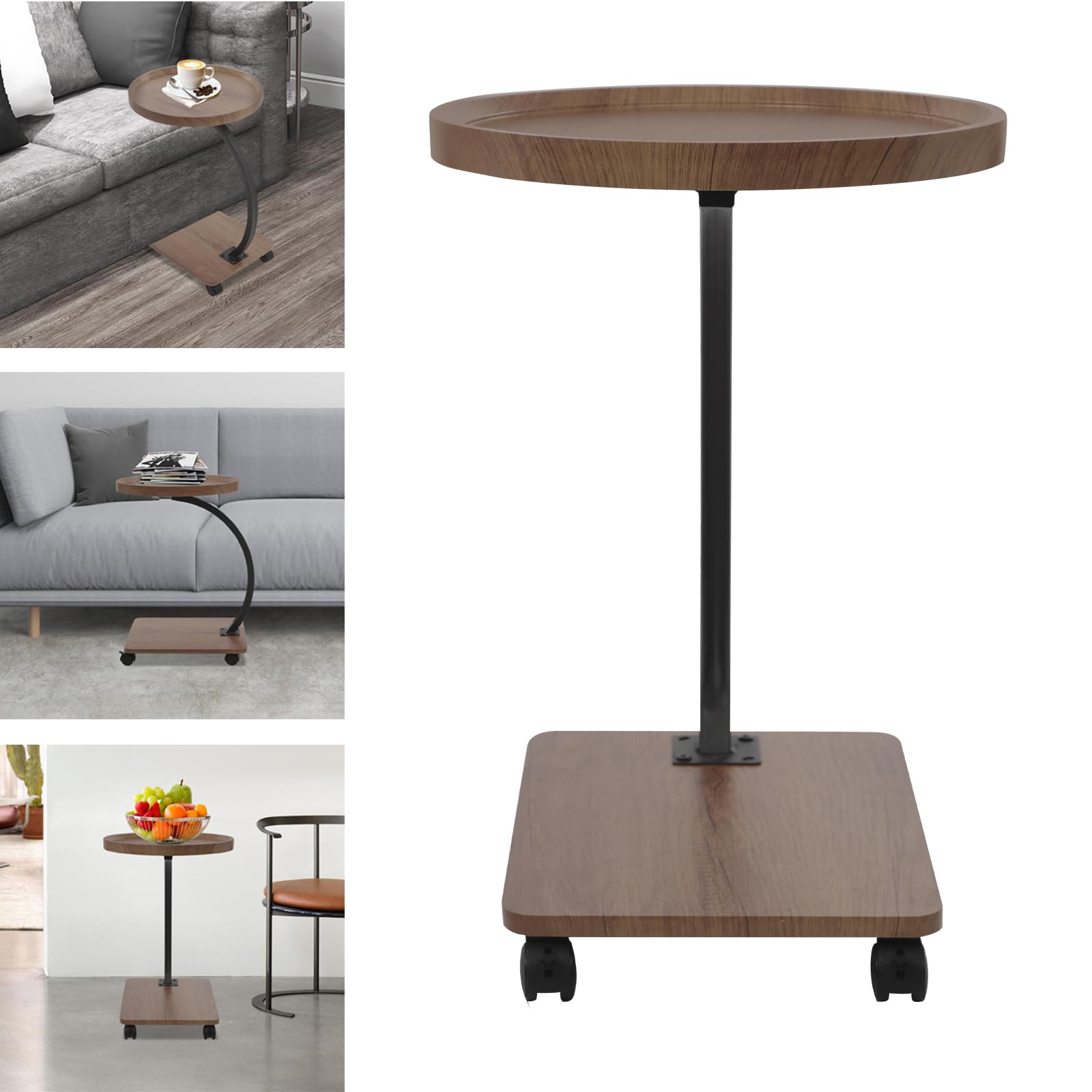 Mesa auxiliar en forma de C, sofá mesa auxiliar con ruedas, pequeña mesa de café de madera de metal, mesa de café móvil, mesa lateral estrecha, mesita de noche para salón, dormitorio, cama