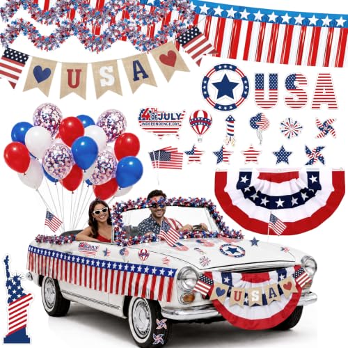 41Pcs 4th of July Parade Car Decoration Patriot Independence Day Car Decor Set USA Flag Rain Curtain Banner Fan Flag Balloons Red White Blue Tinsel Garlands Stickers for 4th of July 250th Anniversary